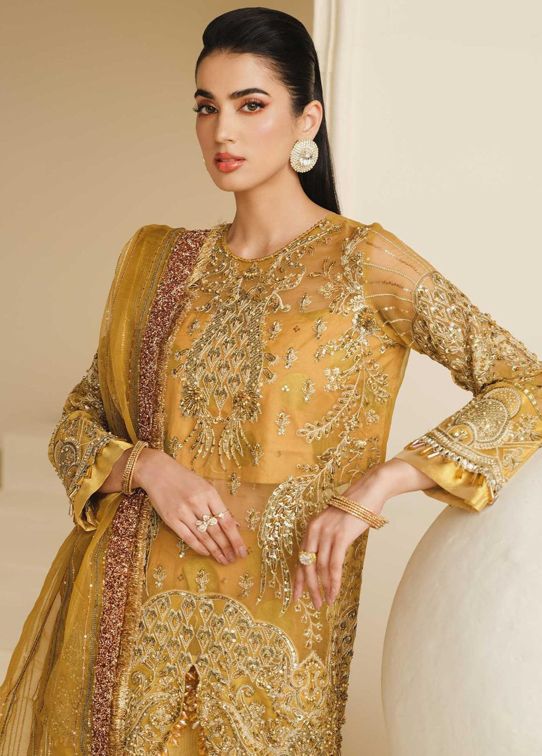 Khwaab By Maryum N Maria Embroidered Organza Suits Unstitched 3 Piece MNM22K Honey Love (MFD-0087) - Luxury Collection