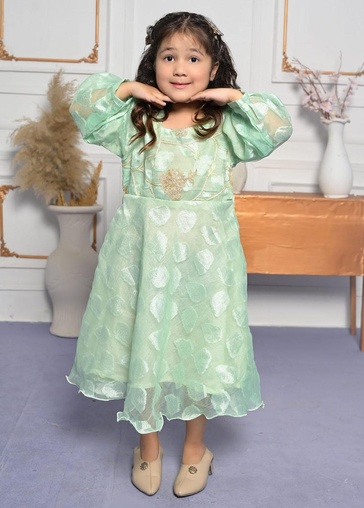 Konain Couture Tissue Pret Frock for Girls -  Green fancy frock with emboridary