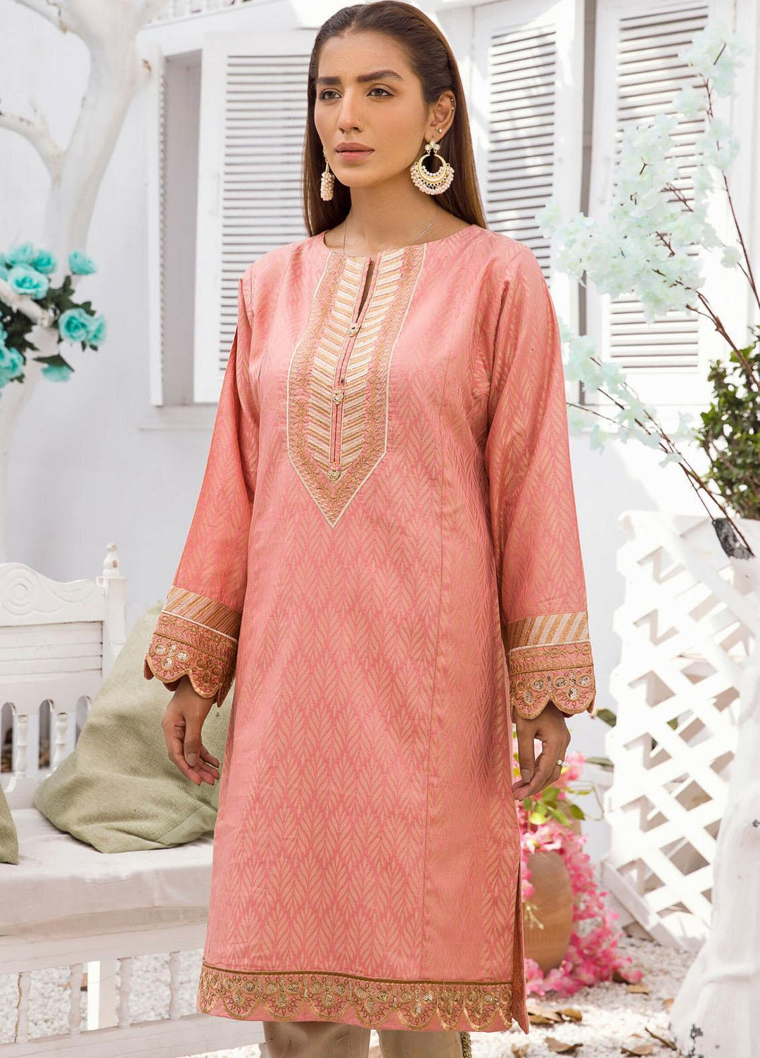 Kross Kulture Casual Pret Embroidered Jacquard Shirt KE-21164 Pink