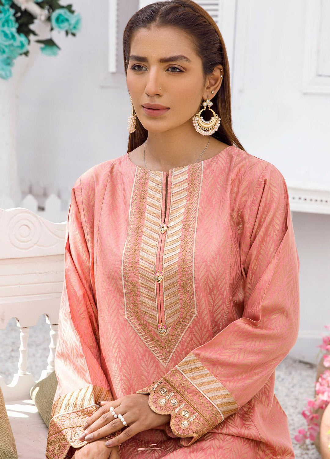 Kross Kulture Casual Pret Embroidered Jacquard Shirt KE-21164 Pink