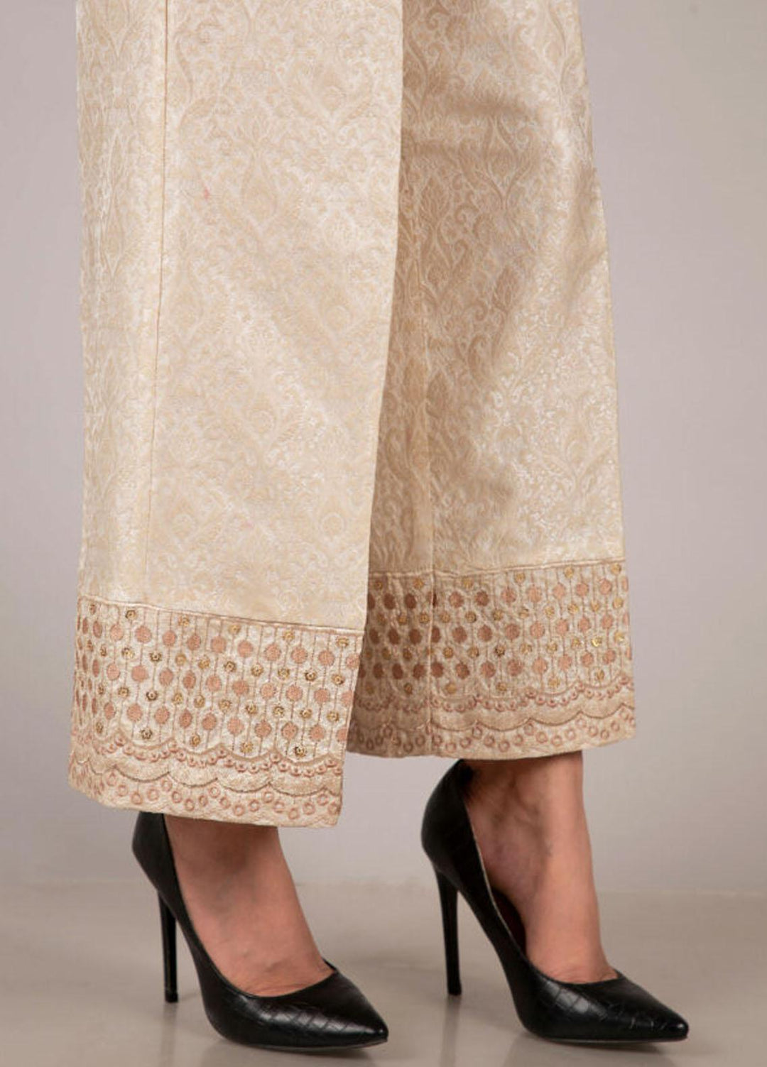 Kross Kulture Embroidered Jamawar Pret Trousers KTR-21826 B Cream