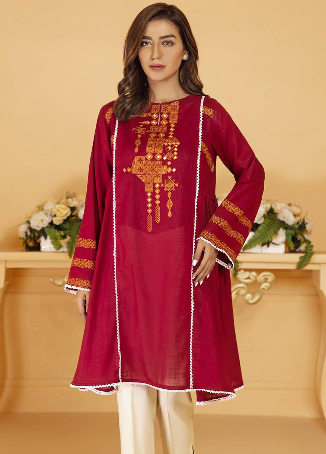 Kross Kulture Embroidered Lawn Stitched Kurtis KB-21054 Maroon