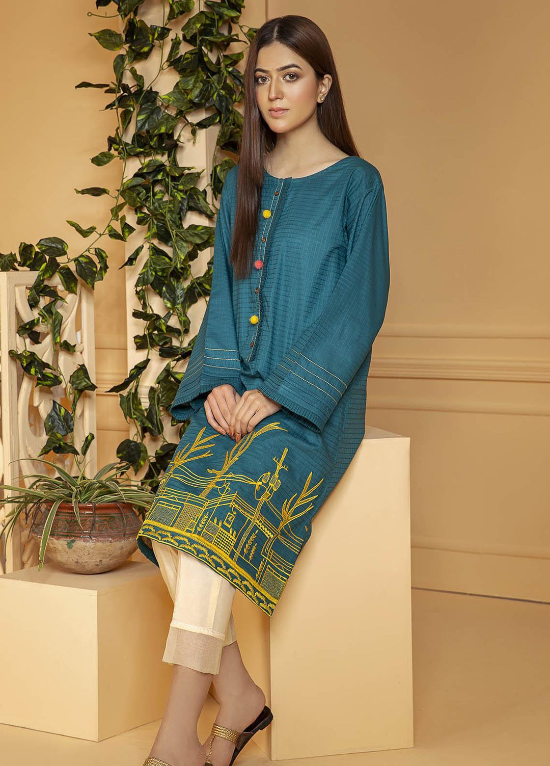 Kross Kulture Embroidered Cotton Stitched Kurtis KE-21110 Ferozi