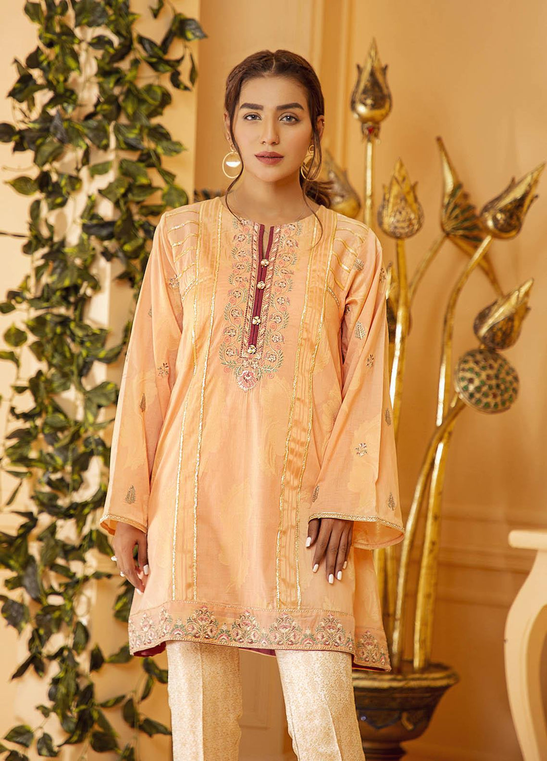 Kross Kulture Embroidered Jacquard Stitched Kurtis KE-21158 Peach