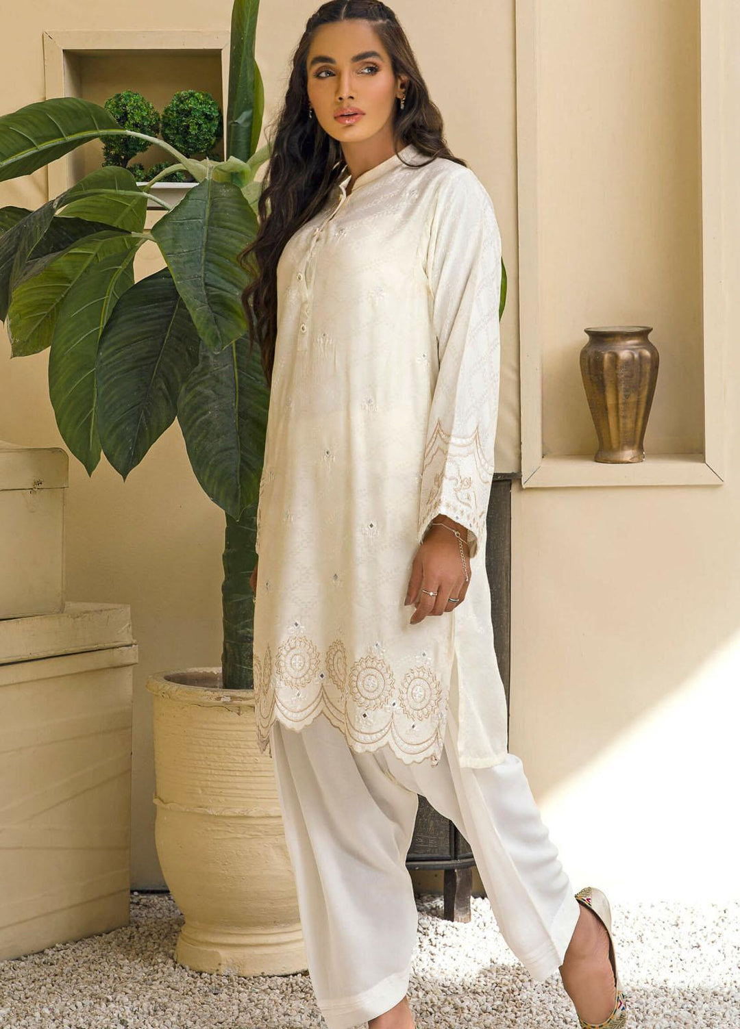 Kross Kulture Casual Pret Embroidered Viscose Shirt KE-21055 White