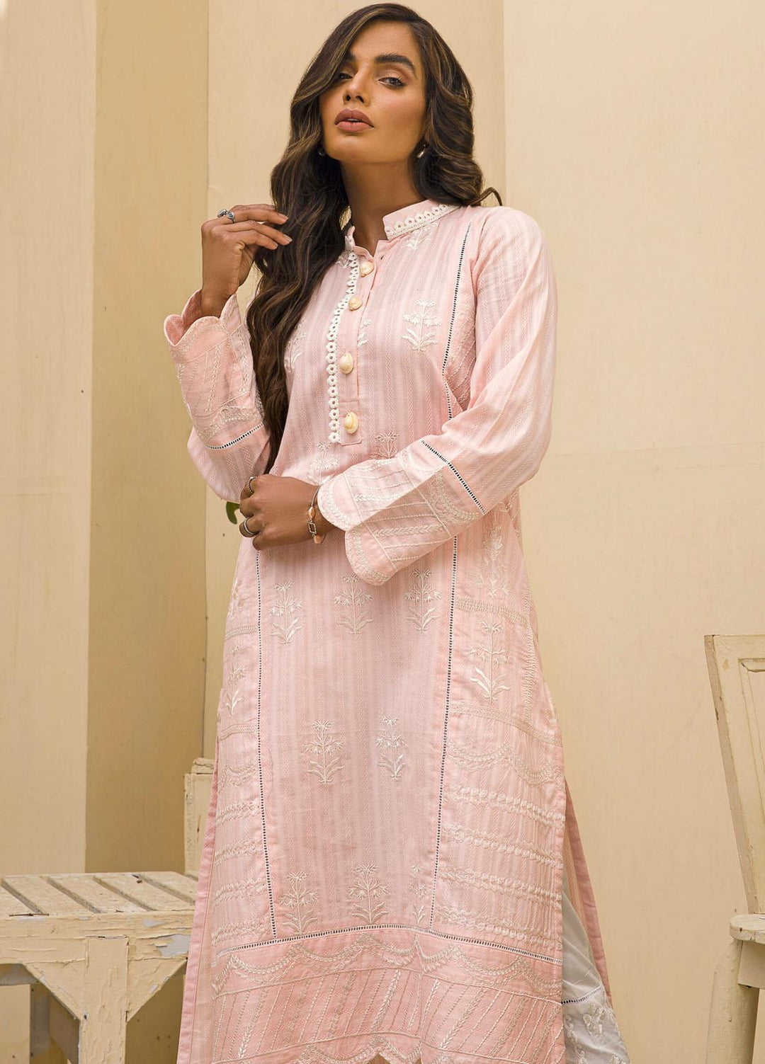 Kross Kulture Casual Pret Embroidered Cotton Shirt KE-21136 Lt Pink