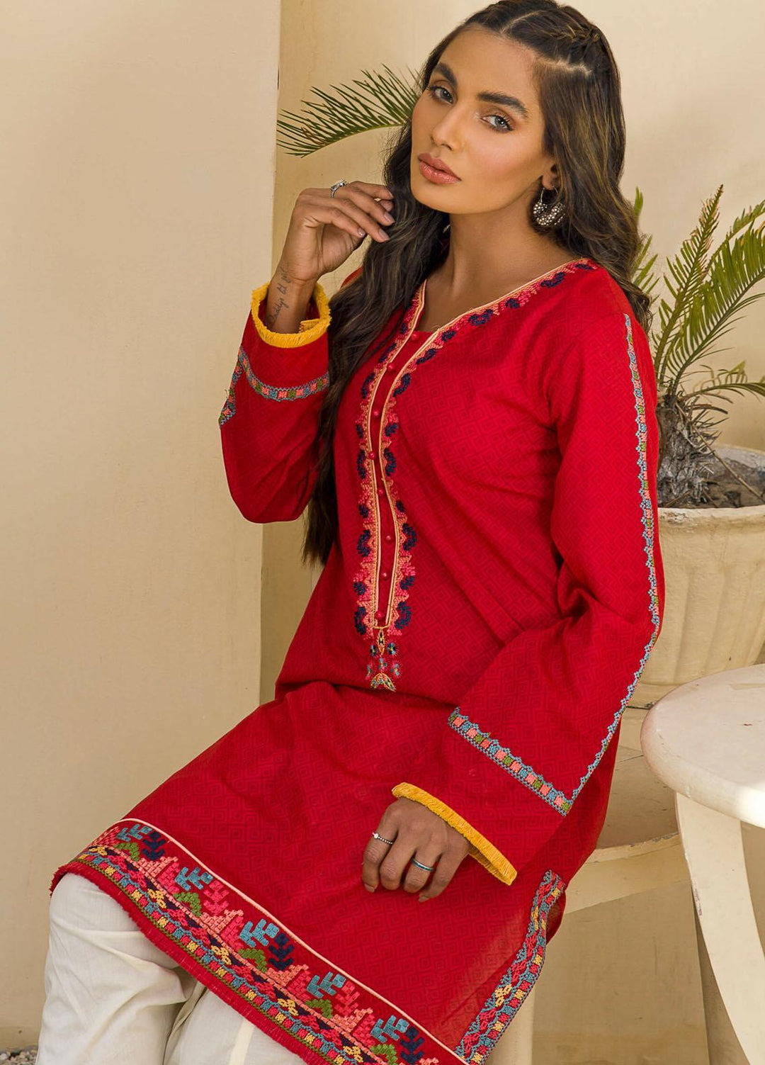 Kross Kulture Casual Pret Embroidered Lawn Shirt KE-21207 Red