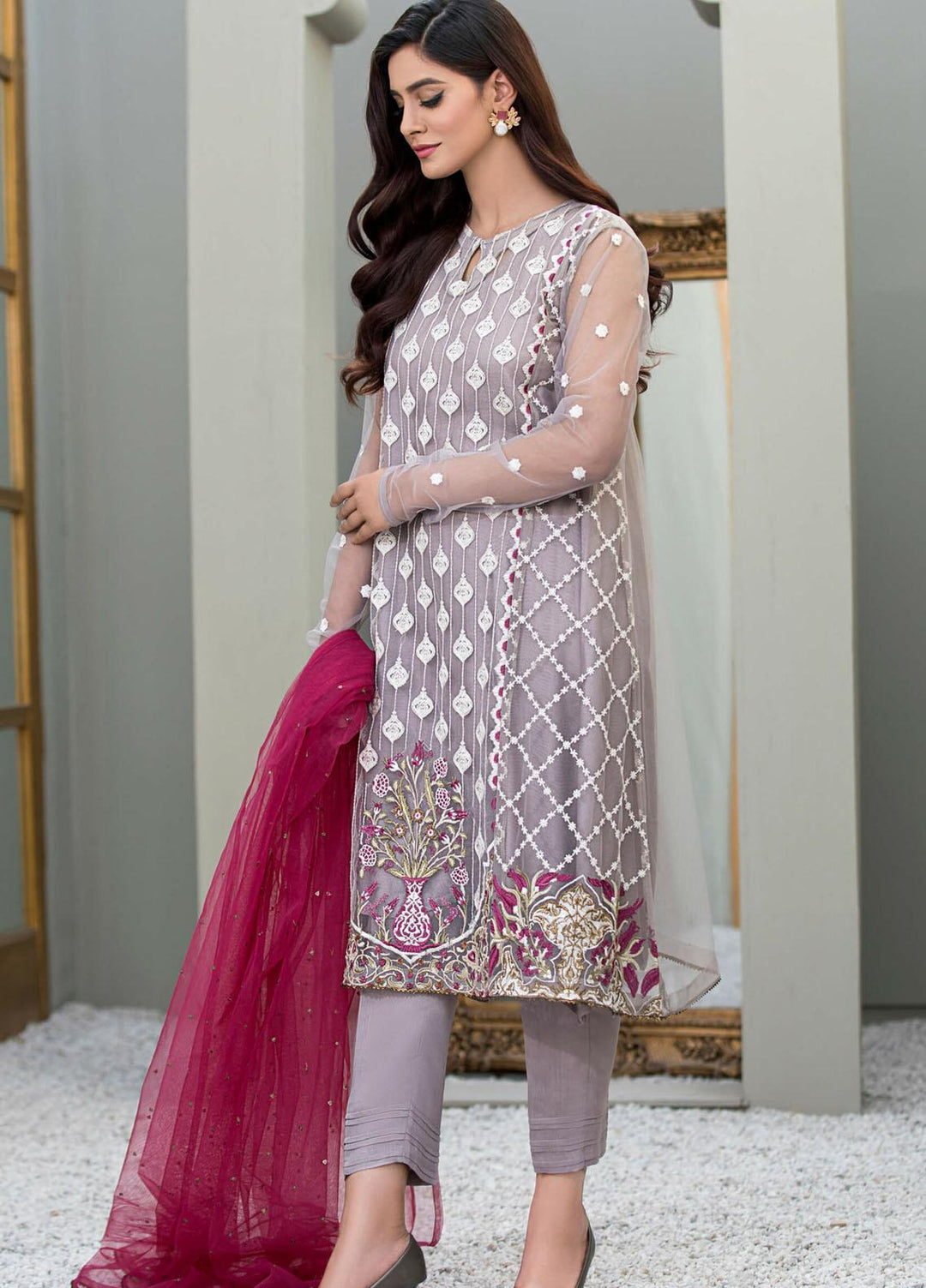 Kross Kulture Luxury Pret Embroidered Net 3 Piece Suit KLX-21069 Grey