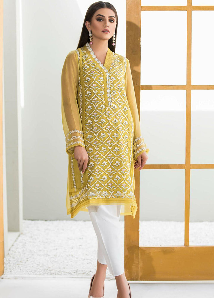 Kross Kulture Casual Pret Embroidered Chiffon Shirt KX-20753 Yellow