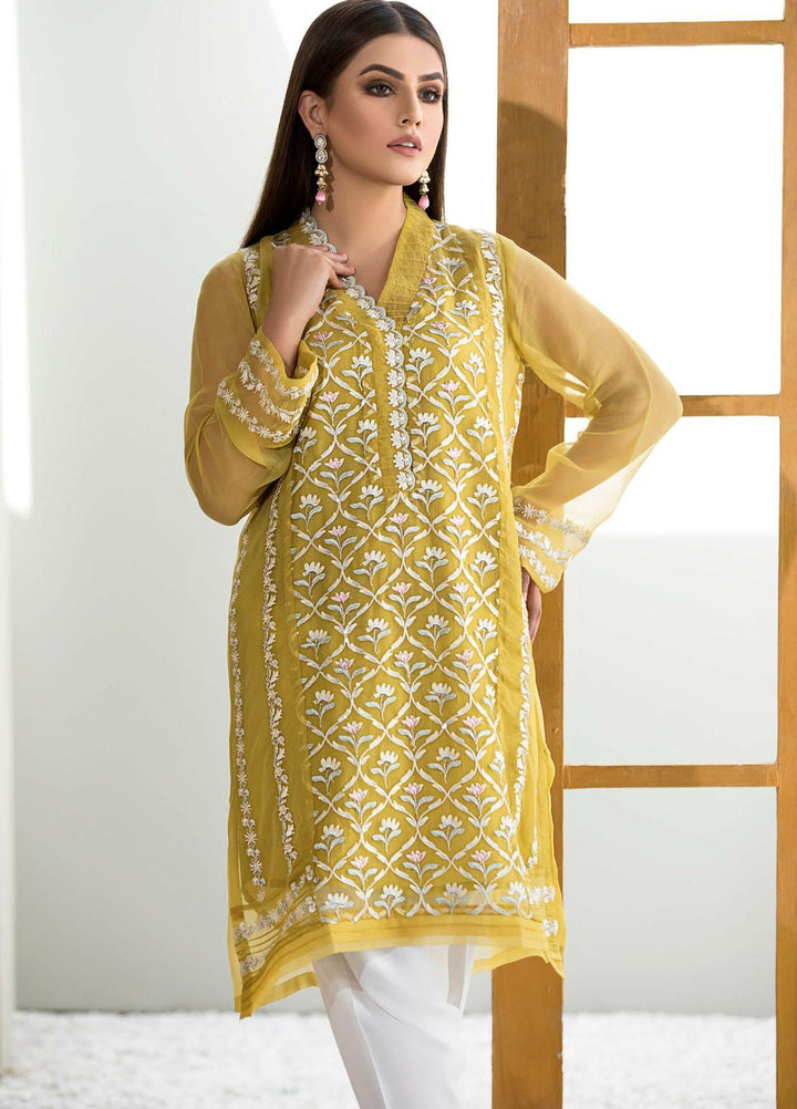Kross Kulture Casual Pret Embroidered Chiffon Shirt KX-20753 Yellow