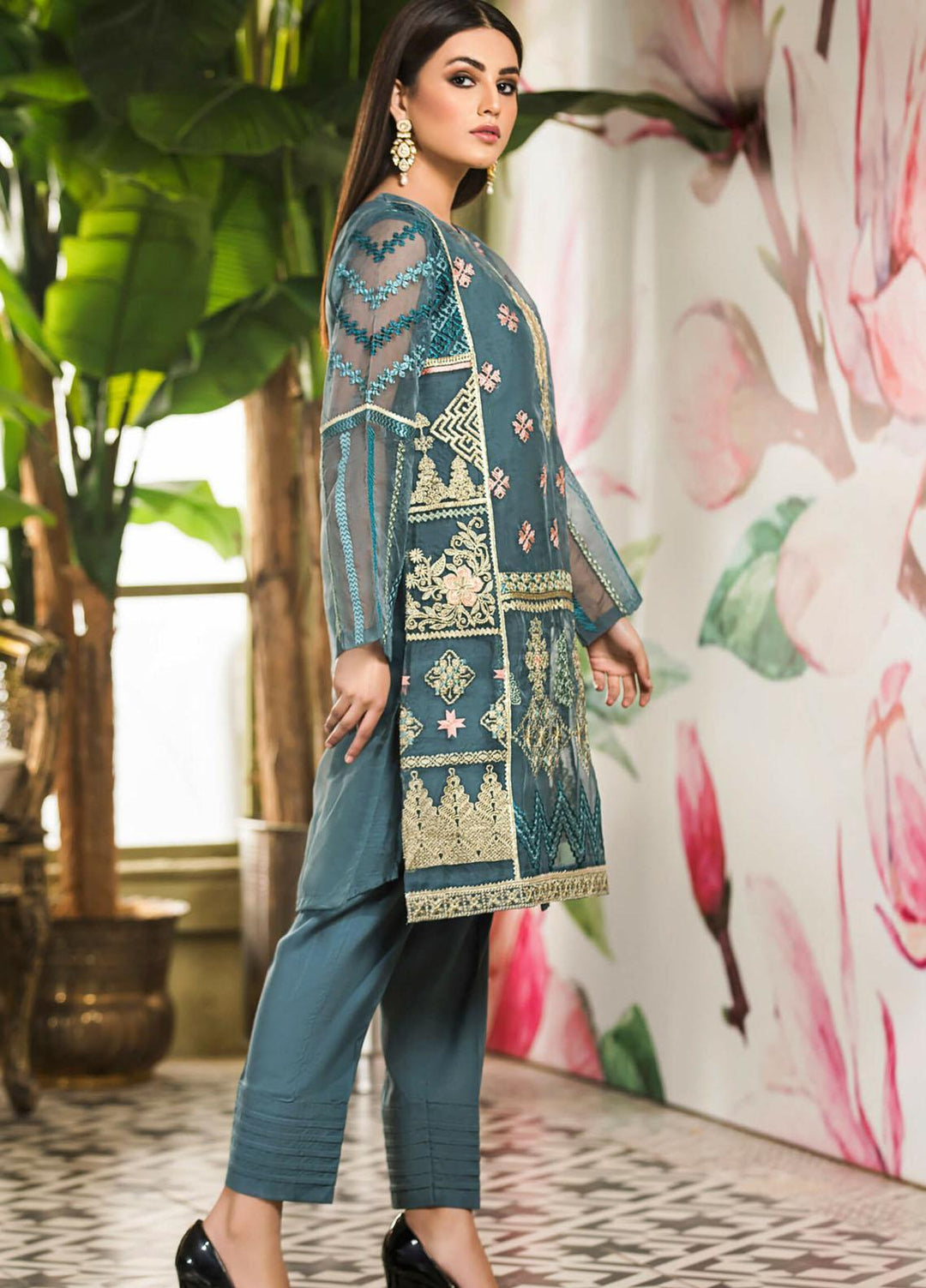Kross Kulture Embroidered Organza Stitched 2 Piece Suit  Grey KE-20496