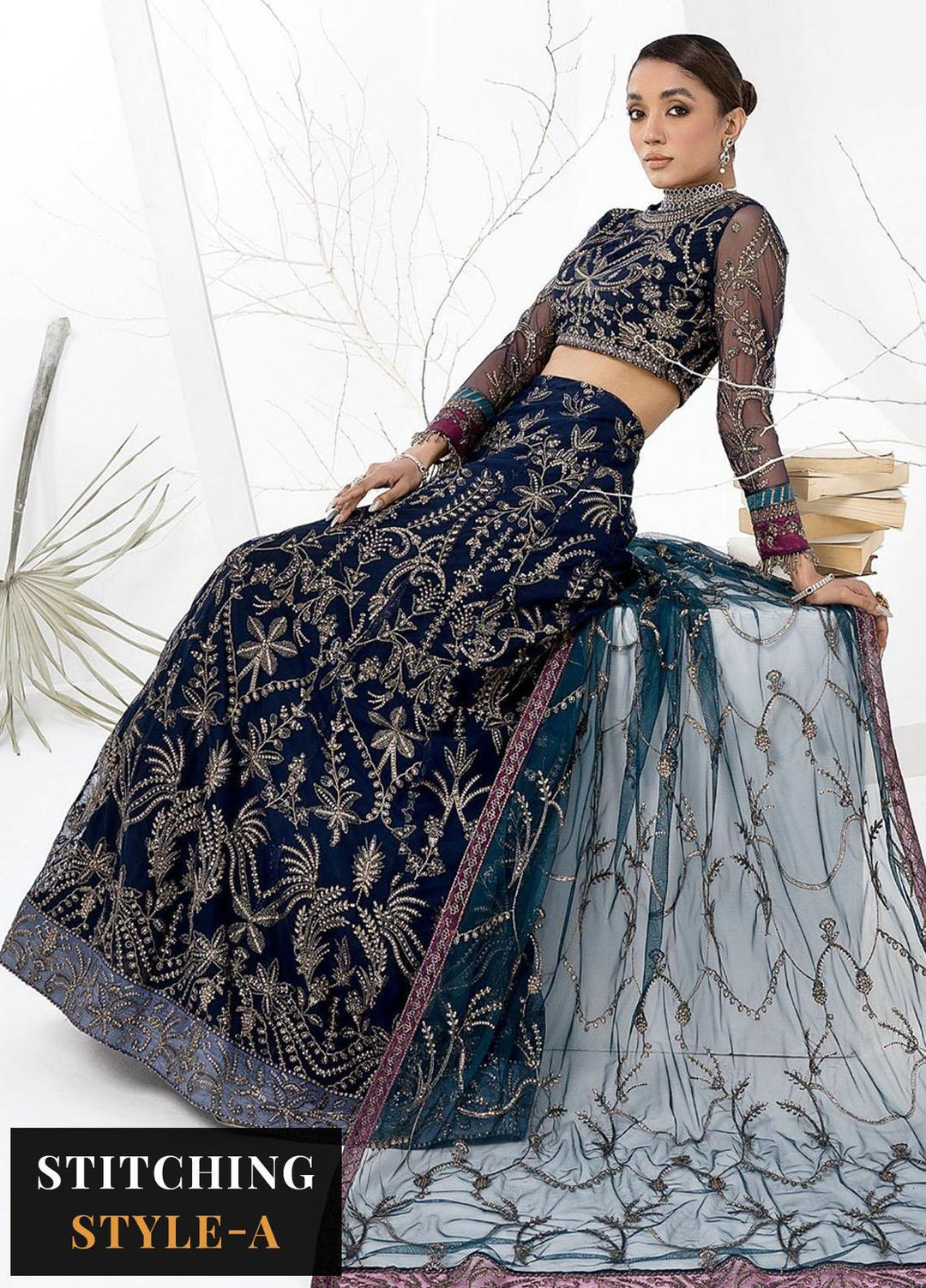 La Celeste By Zarif Embroidered Net Suits Unstitched 3 Piece ZF23LC ZLC 01 Blue Berry - Luxury Formal Collection