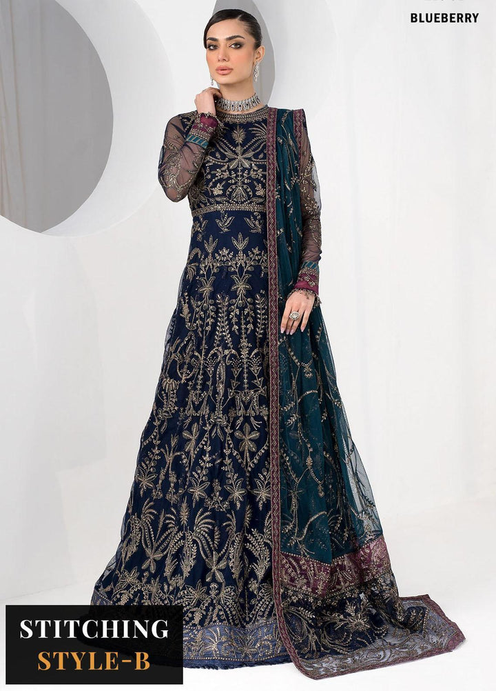 La Celeste By Zarif Embroidered Net Suits Unstitched 3 Piece ZF23LC ZLC 01 Blue Berry - Luxury Formal Collection