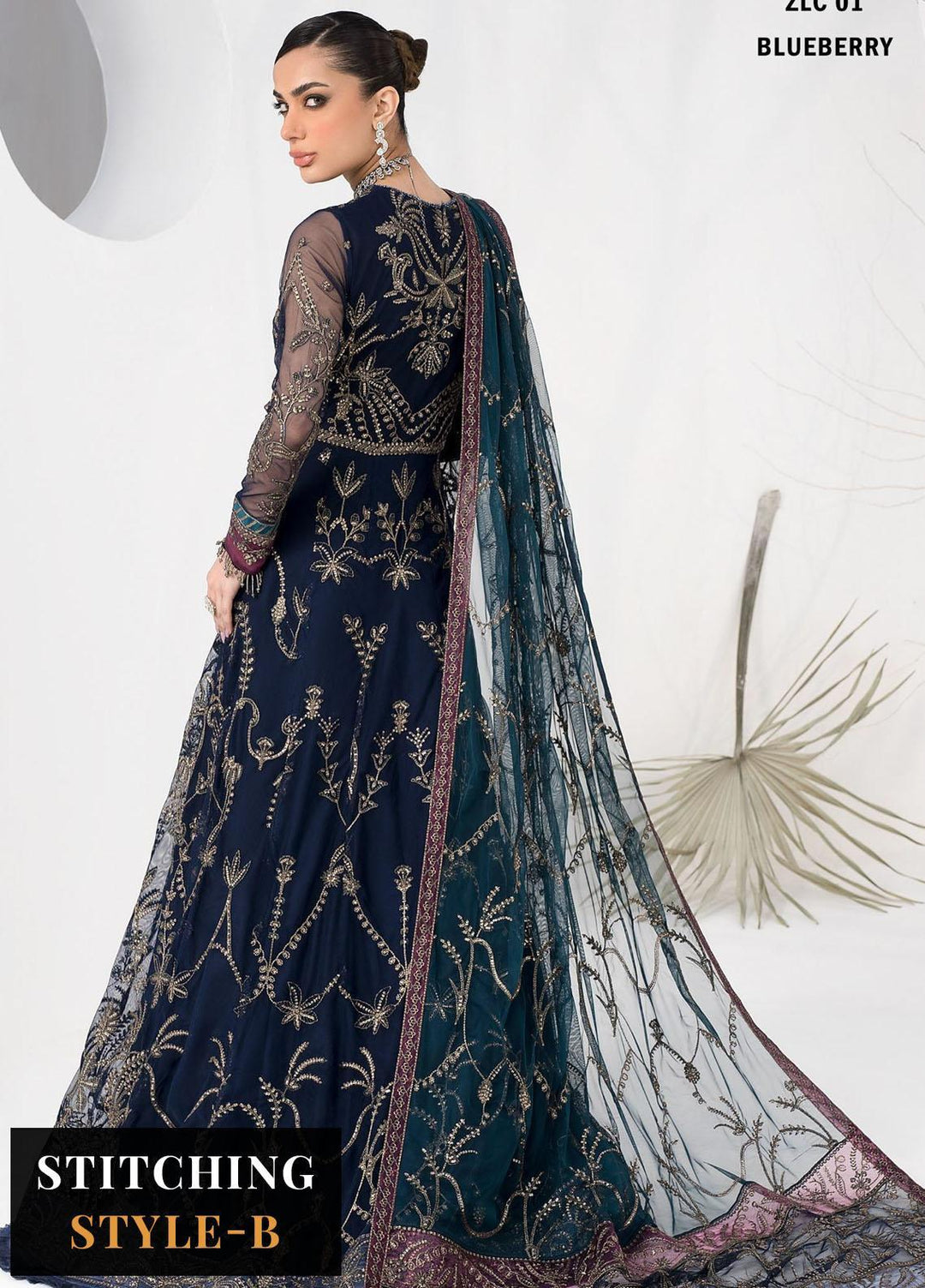 La Celeste By Zarif Embroidered Net Suits Unstitched 3 Piece ZF23LC ZLC 01 Blue Berry - Luxury Formal Collection