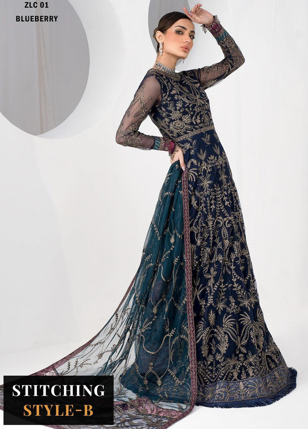 La Celeste By Zarif Embroidered Net Suits Unstitched 3 Piece ZF23LC ZLC 01 Blue Berry - Luxury Formal Collection
