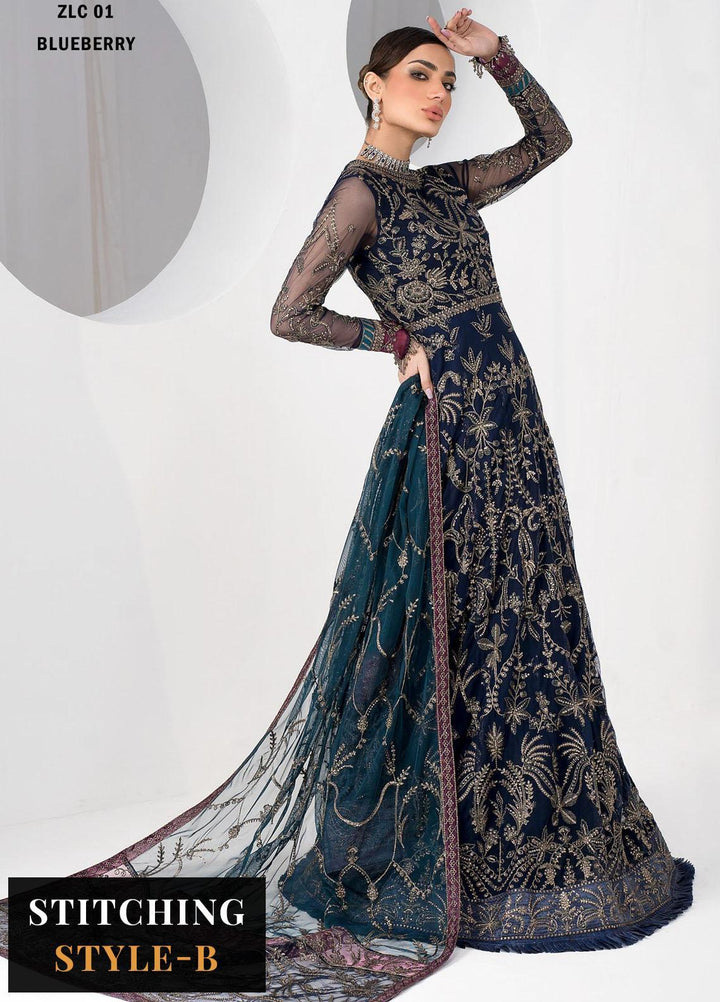 La Celeste By Zarif Embroidered Net Suits Unstitched 3 Piece ZF23LC ZLC 01 Blue Berry - Luxury Formal Collection
