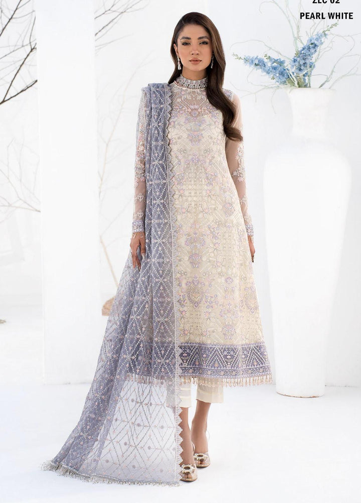 La Celeste By Zarif Embroidered Net Suits Unstitched 3 Piece ZF23LC ZLC 02 Pearl White - Luxury Formal Collection