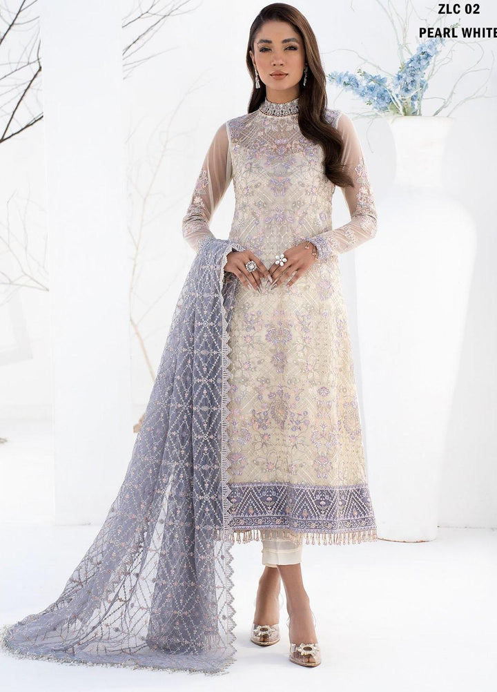 La Celeste By Zarif Embroidered Net Suits Unstitched 3 Piece ZF23LC ZLC 02 Pearl White - Luxury Formal Collection