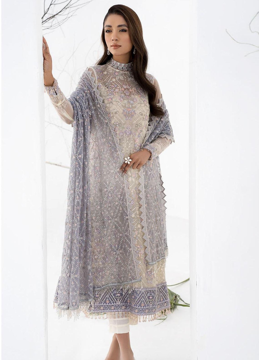 La Celeste By Zarif Embroidered Net Suits Unstitched 3 Piece ZF23LC ZLC 02 Pearl White - Luxury Formal Collection
