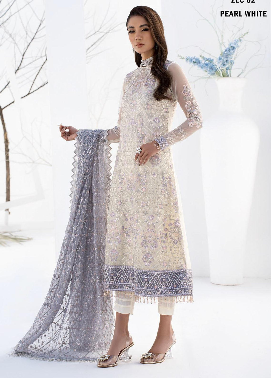 La Celeste By Zarif Embroidered Net Suits Unstitched 3 Piece ZF23LC ZLC 02 Pearl White - Luxury Formal Collection
