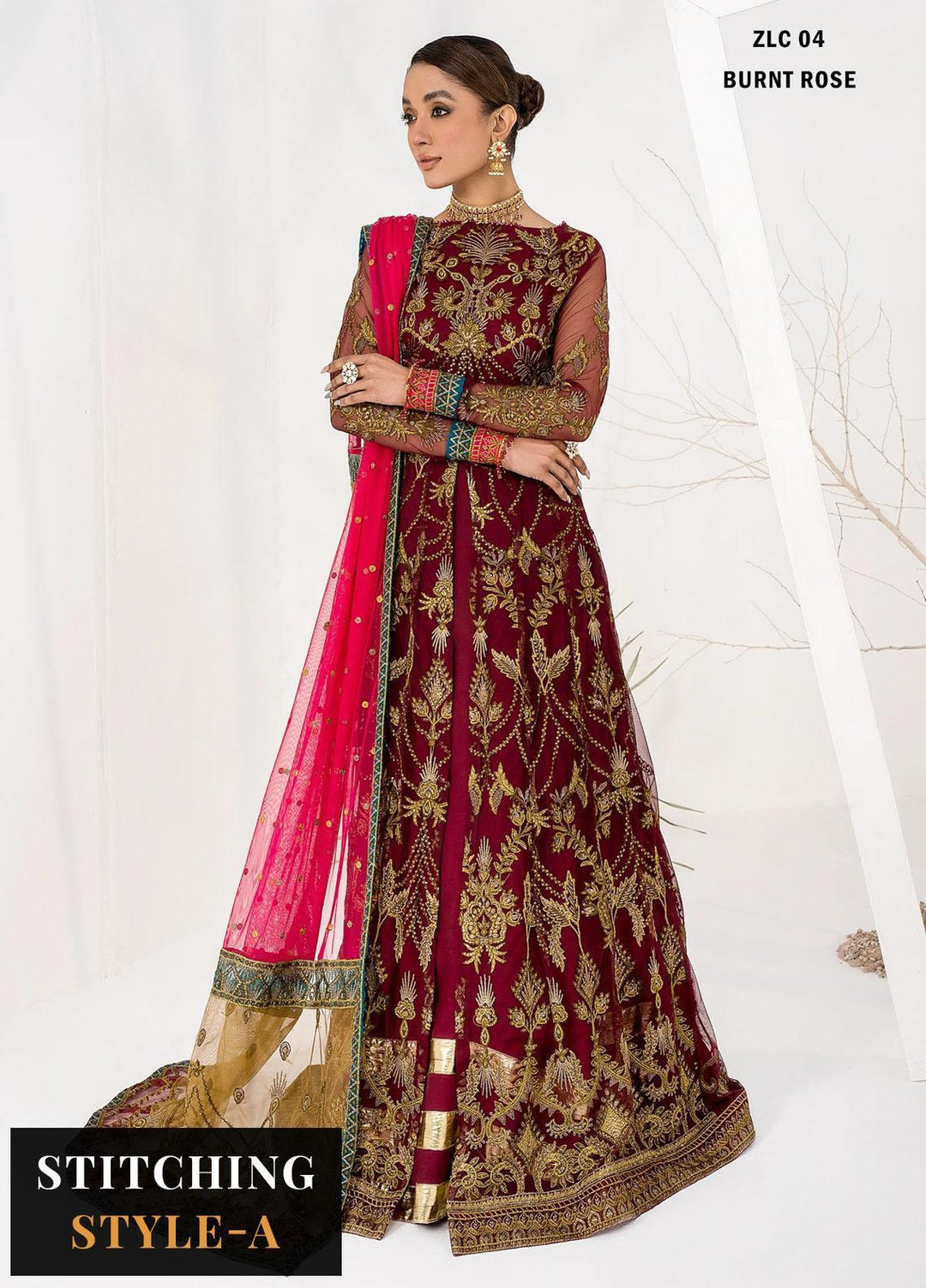La Celeste By Zarif Embroidered Net Suits Unstitched 3 Piece ZF23LC ZLC 04 Burnt Rose - Luxury Formal Collection