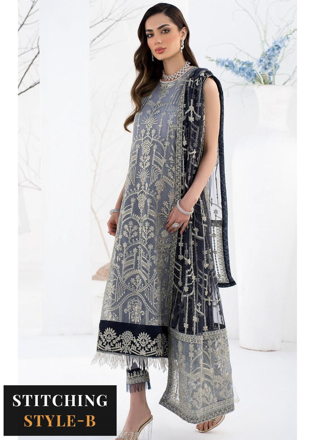 La Celeste By Zarif Embroidered Organza Suits Unstitched 3 Piece ZF23LC ZLC 05 Ash Grey - Luxury Formal Collection