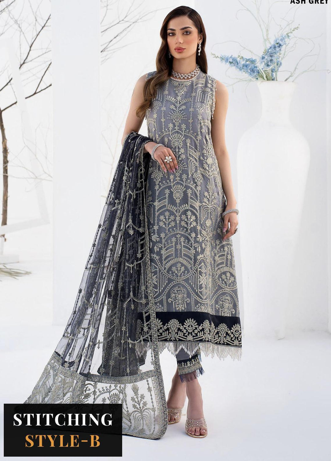 La Celeste By Zarif Embroidered Organza Suits Unstitched 3 Piece ZF23LC ZLC 05 Ash Grey - Luxury Formal Collection
