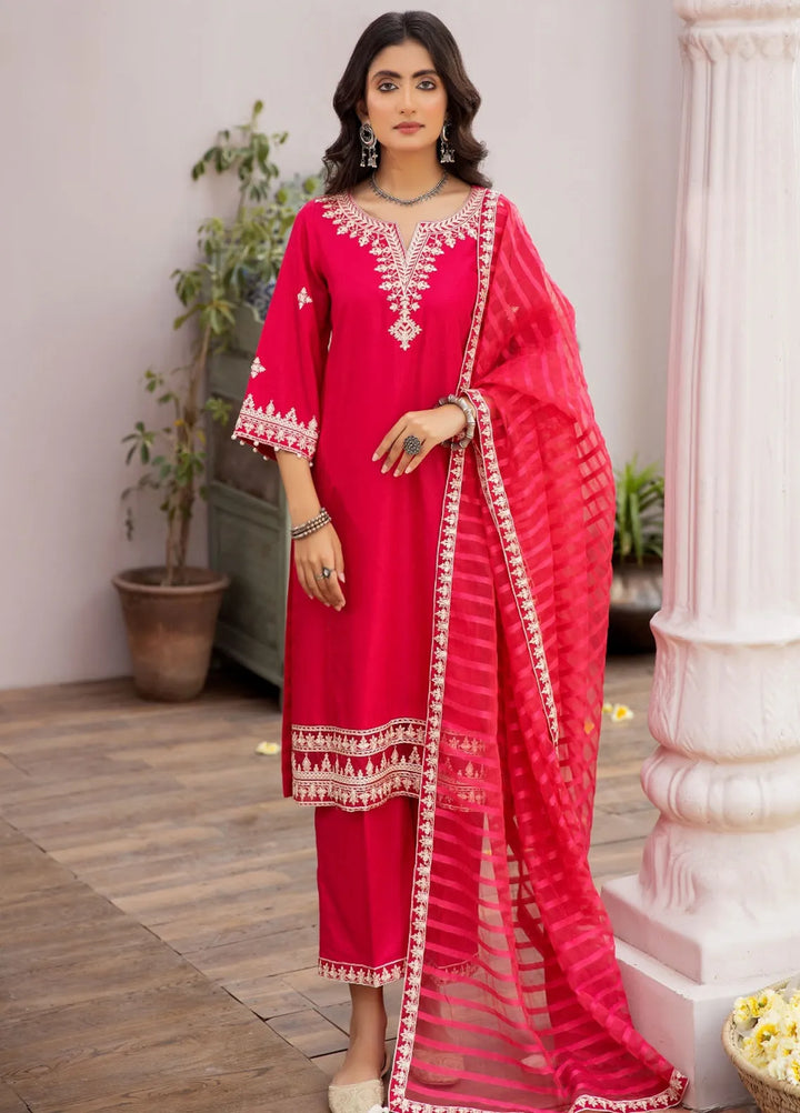 La Rosa Pret Embroidered Cotton Jacquard 3 Piece Suit LE-24-08 Shocking Pink