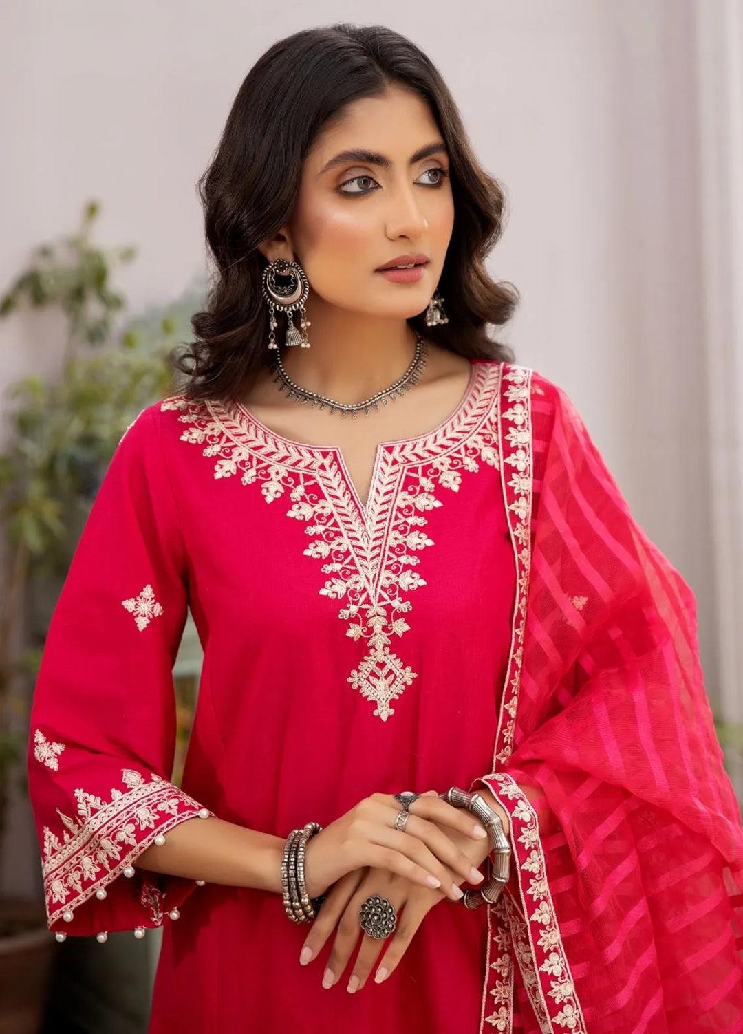 La Rosa Pret Embroidered Cotton Jacquard 3 Piece Suit LE-24-08 Shocking Pink