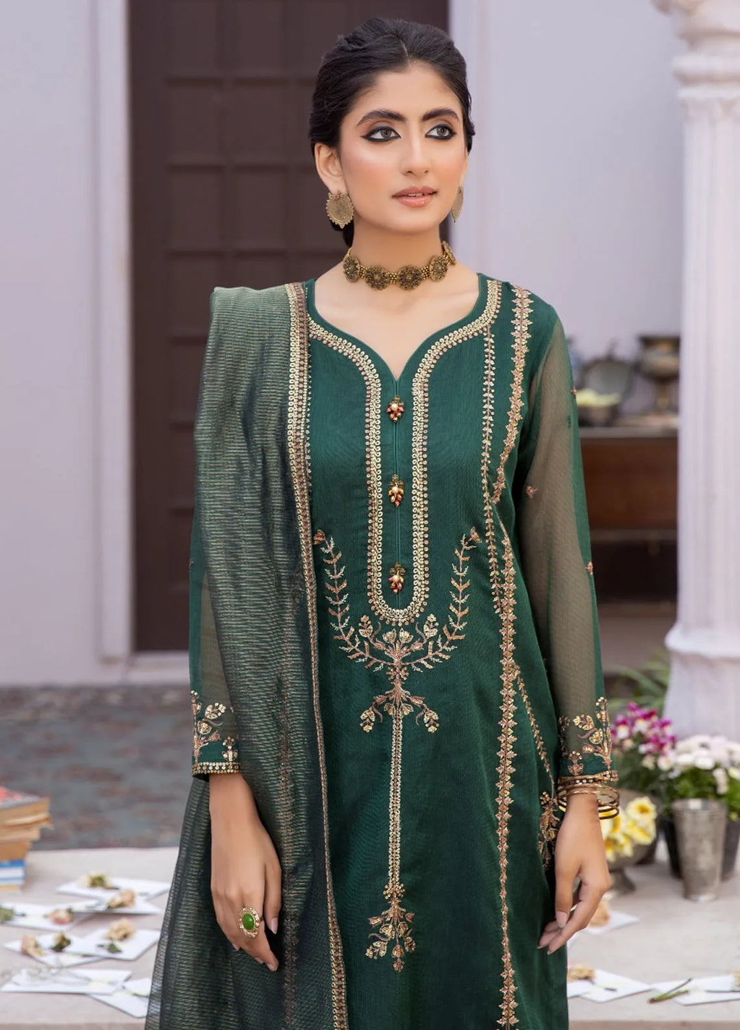 La Rosa Pret Embroidered Khaadi Net 3 Piece Suit LE-24-02 Green