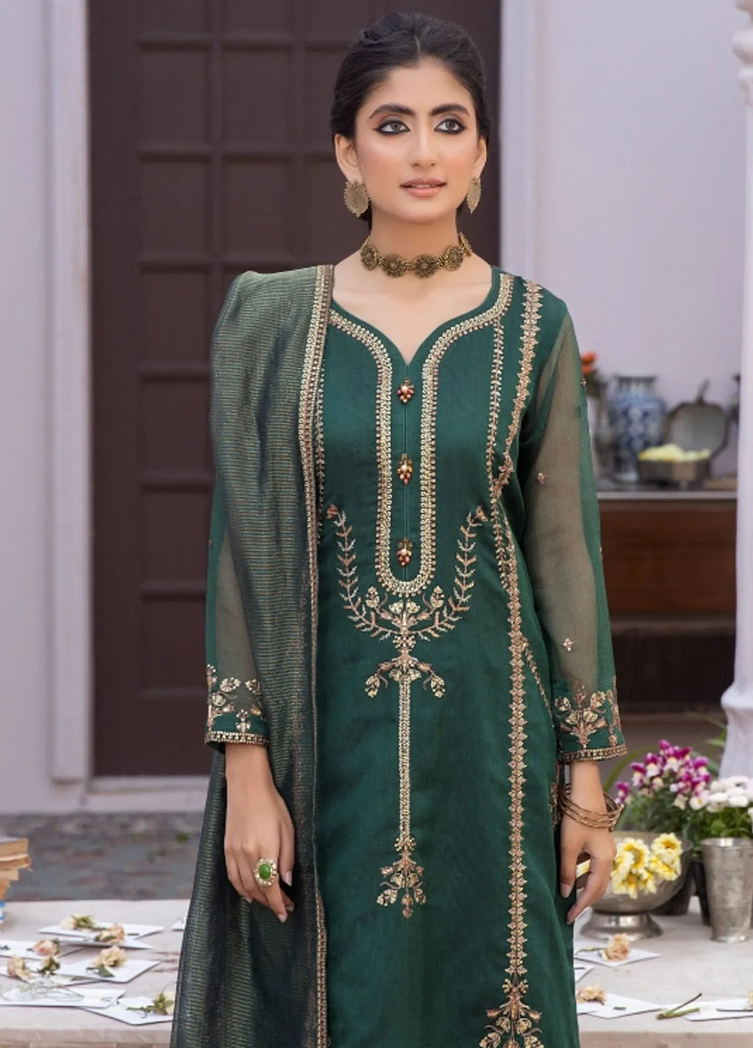 La Rosa Pret Embroidered Khaadi Net 3 Piece Suit LE-24-02 Green