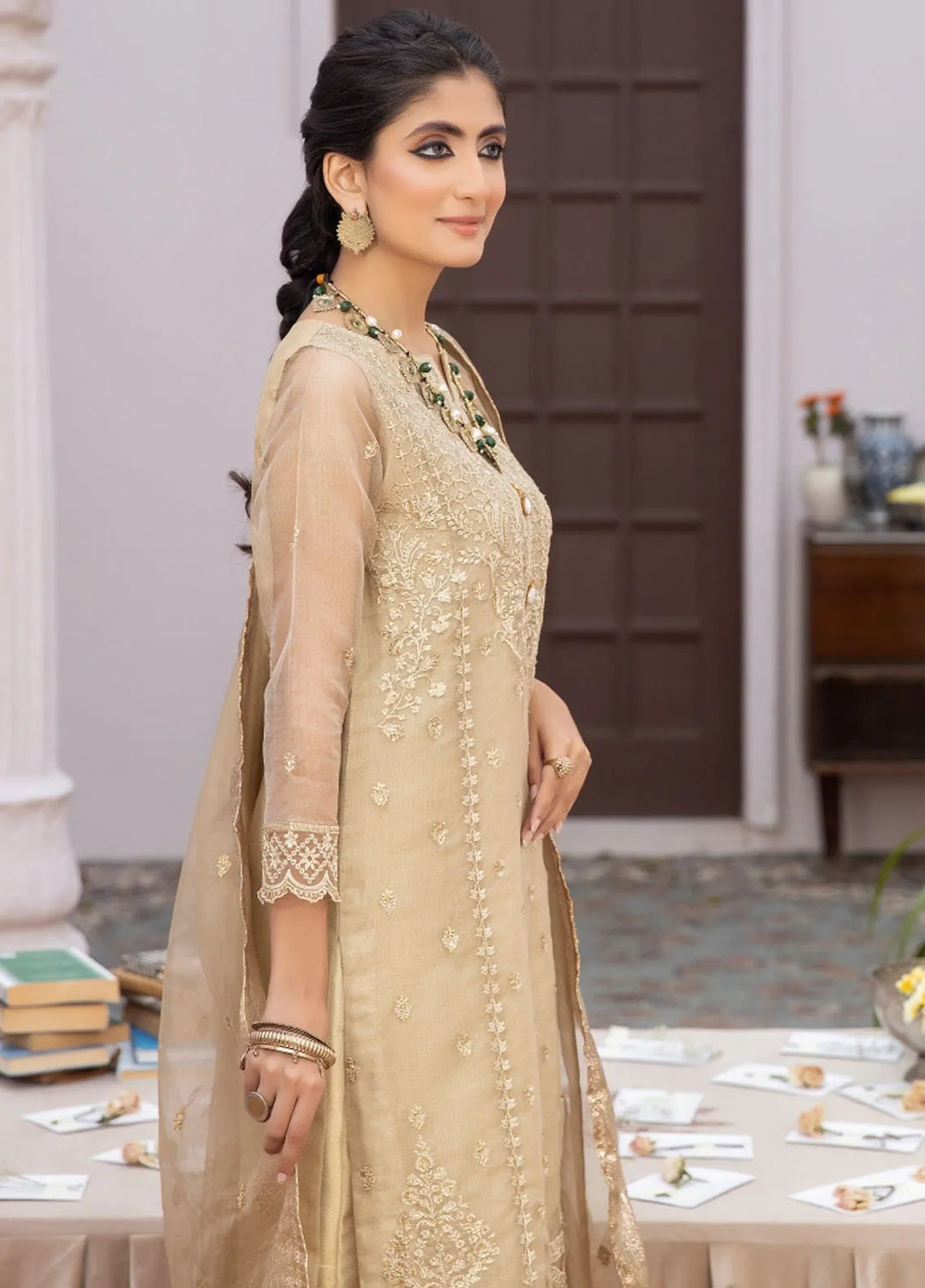 La Rosa Pret Embroidered Khaadi Net 3 Piece Suit LE-24-05 Golden