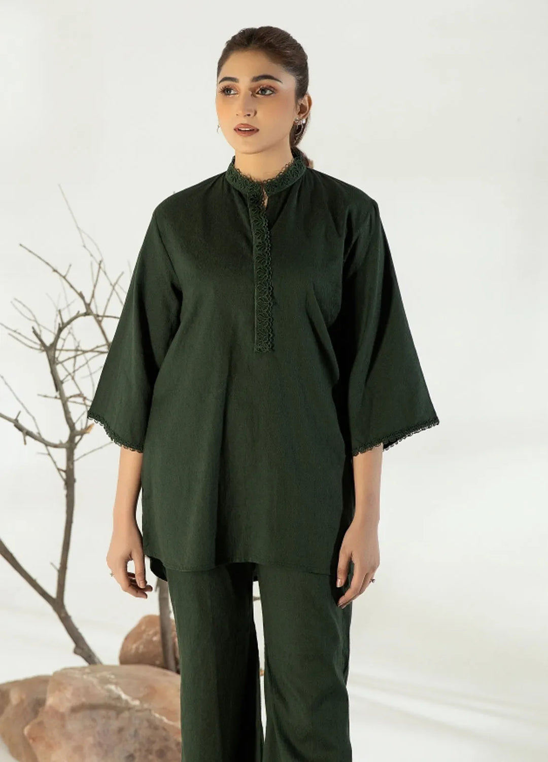 La Rosa Pret Printed Self Jacquard 2 Piece Suit LA3-02 Bottle Green