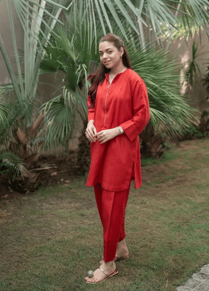La Rosaa Pret Casual Cotton 2 Piece Suit Scarlet