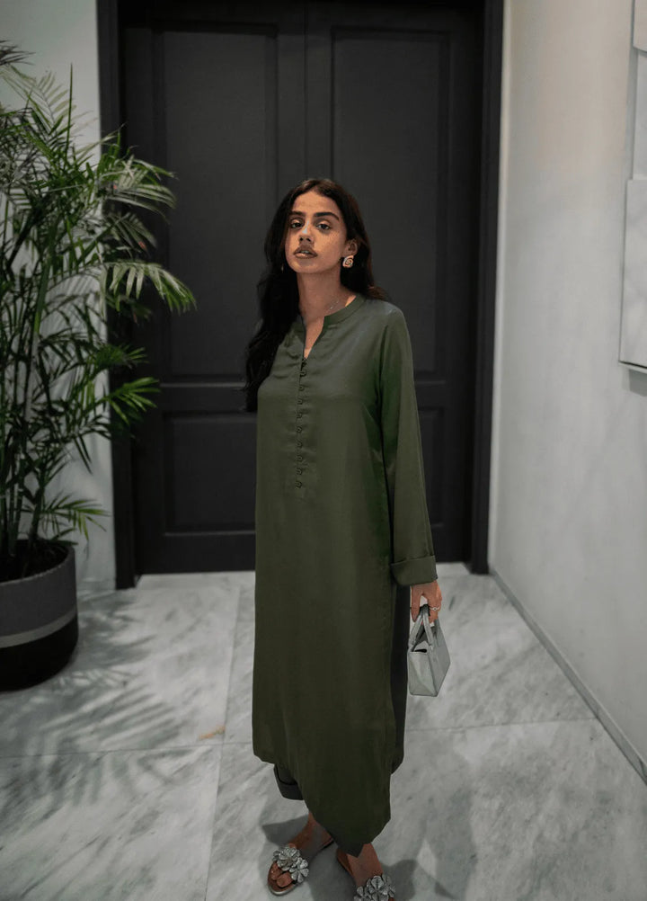La Rosaa Pret Casual Georgette 2 Piece Suit Olive