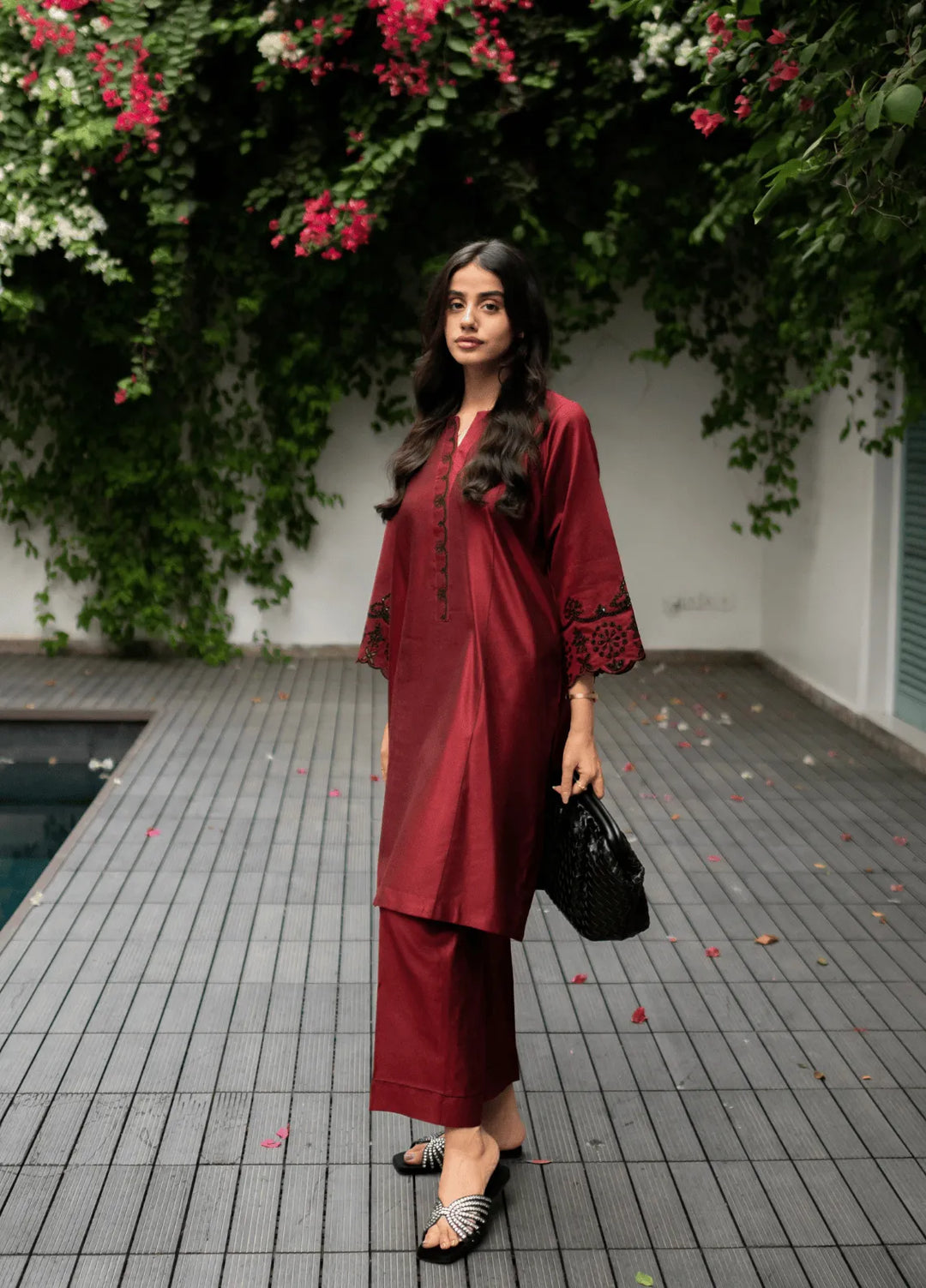 La Rosaa Pret Embroidered Viscose 2 Piece Suit Merlot