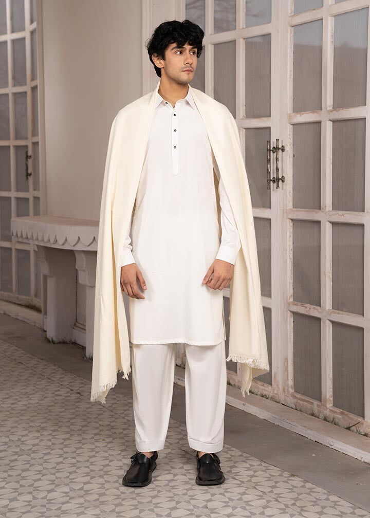 Muraqsh Ready To Wear Solids  Men Off White Wool Shawl ABD-OWWSTD - Winter Collection