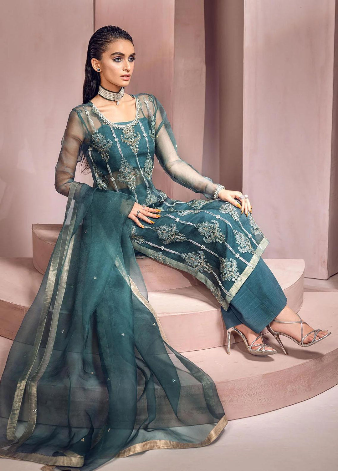 Mahum Asad Pret Embroidered Silk 3 Piece Suit MA23LF Real Teal