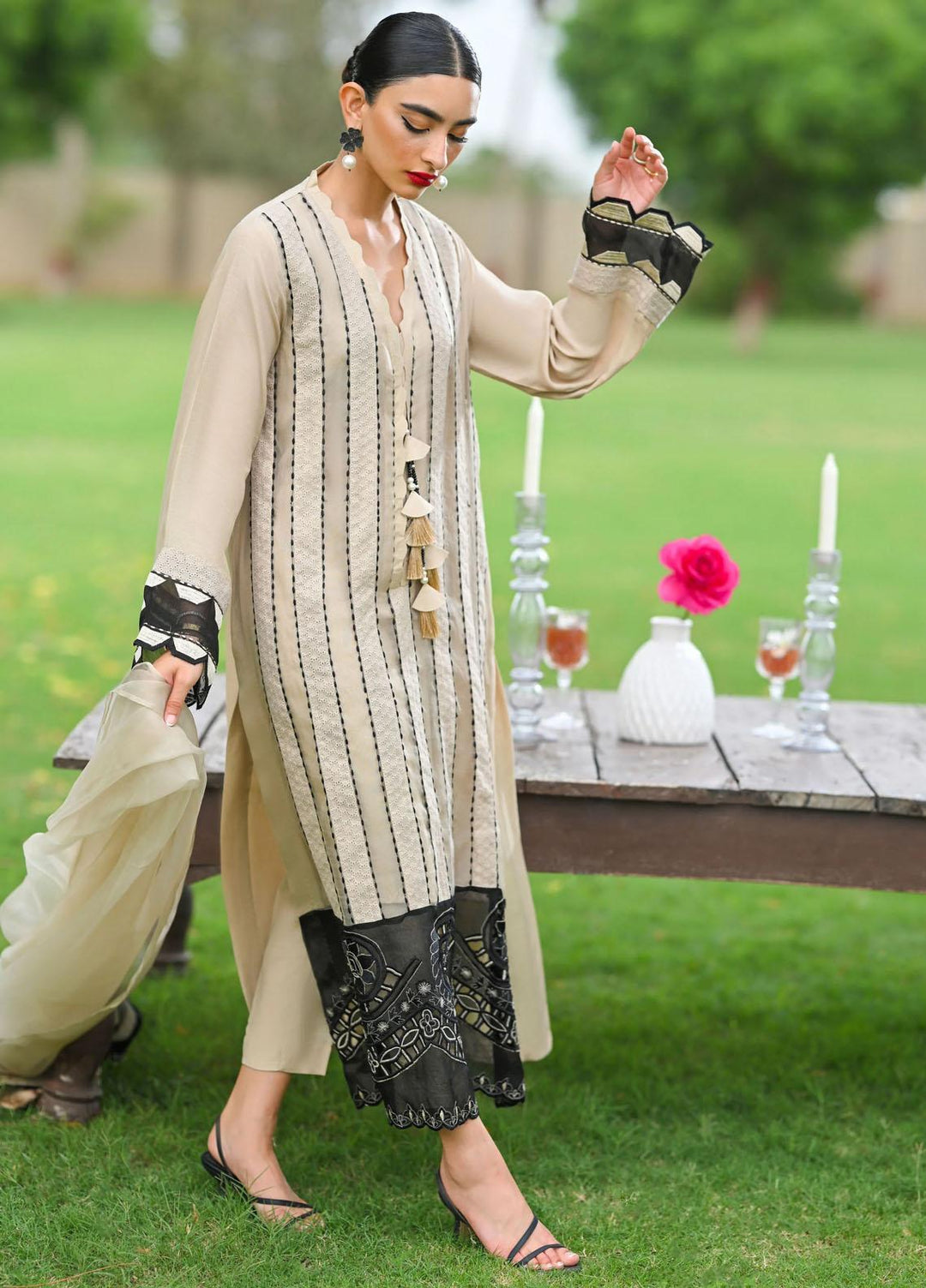 Hue Pret Embroidered Raw Silk 3 Piece Suit Carnation