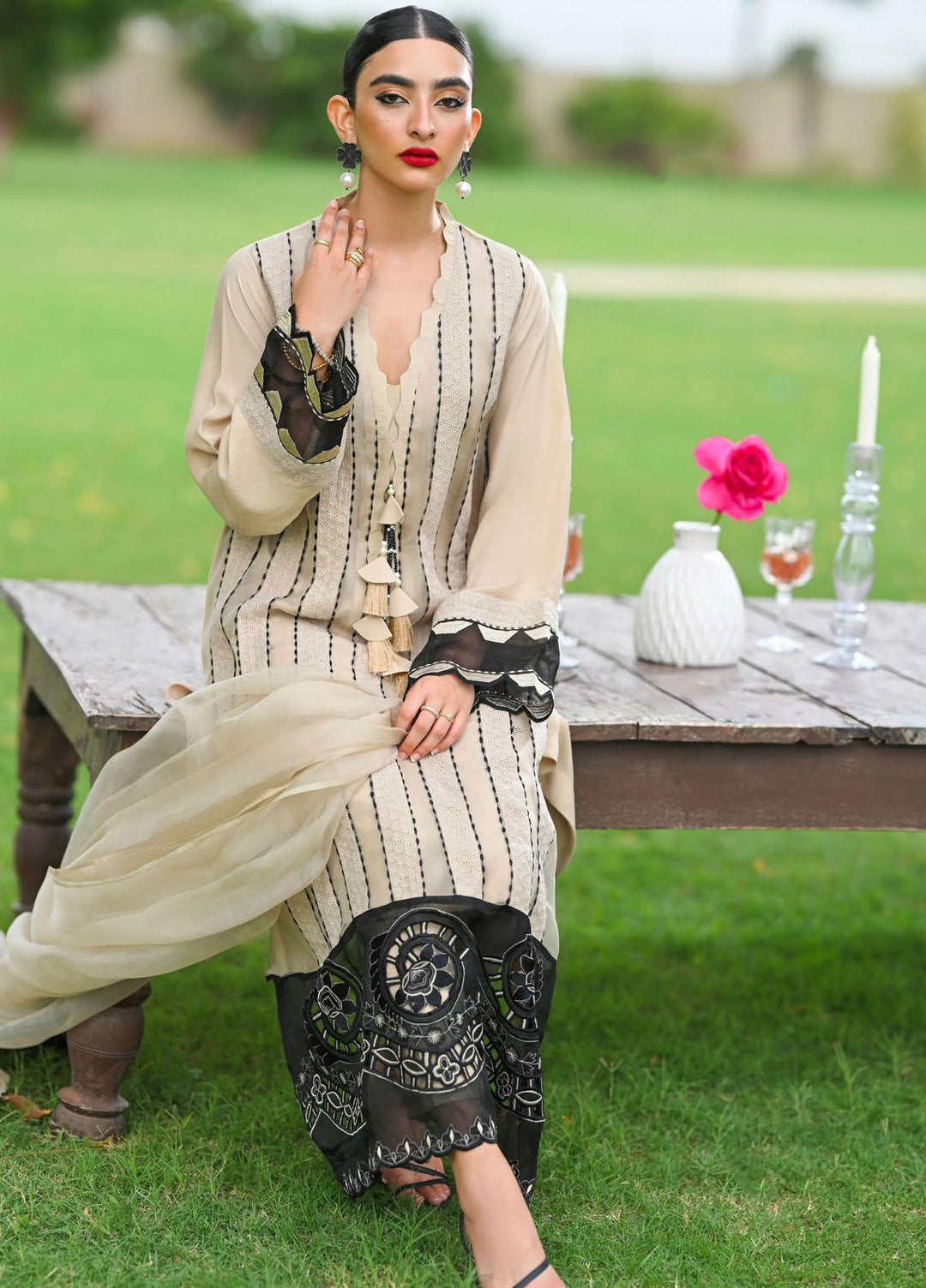 Hue Pret Embroidered Raw Silk 3 Piece Suit Carnation