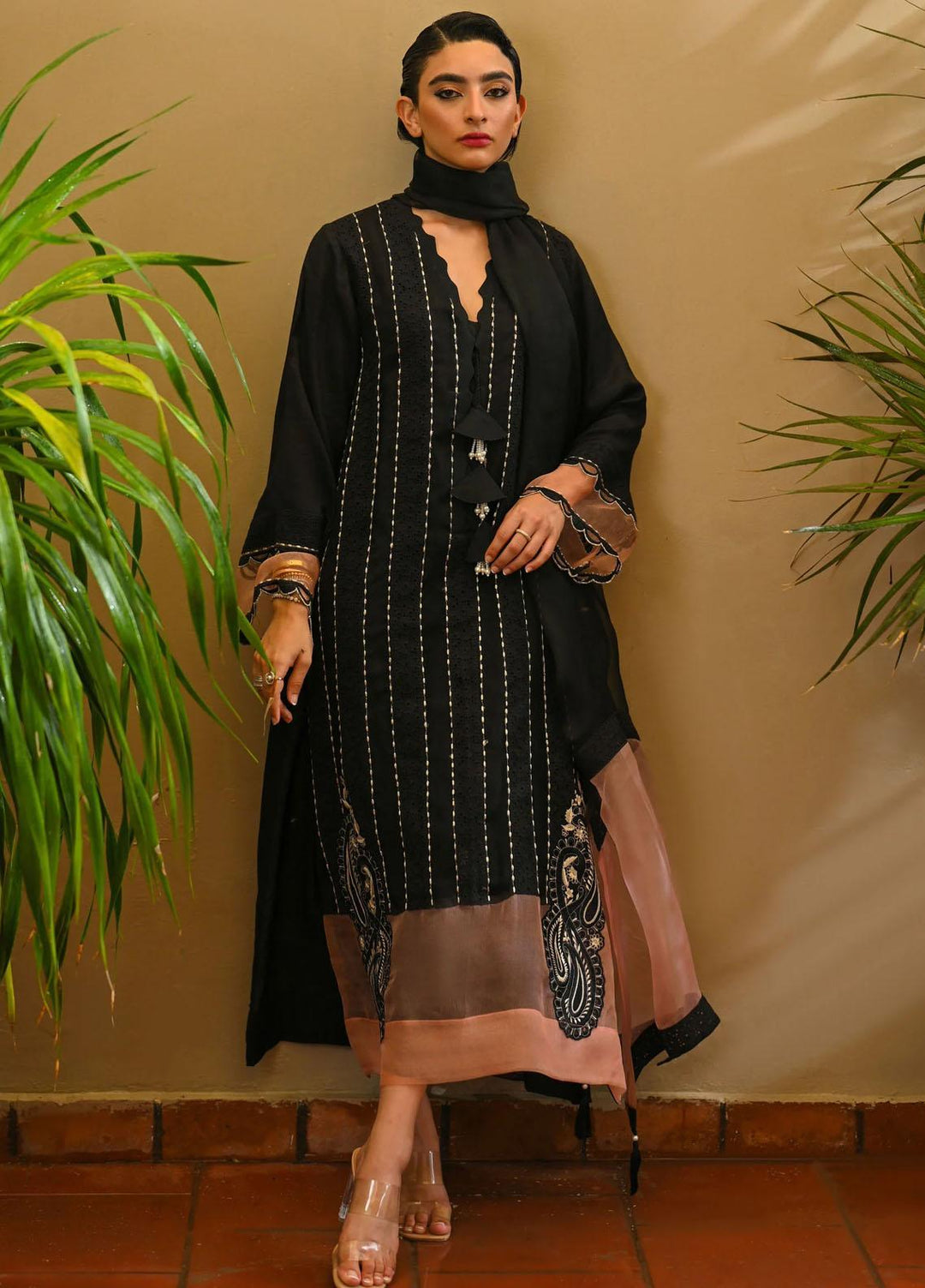 Hue Pret Embroidered Raw Silk 3 Piece Suit Dew