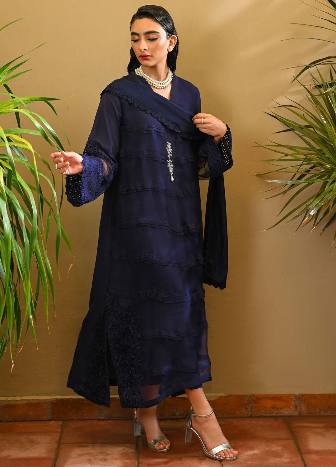 Hue Pret Embroidered Raw Silk 3 Piece Suit Iris
