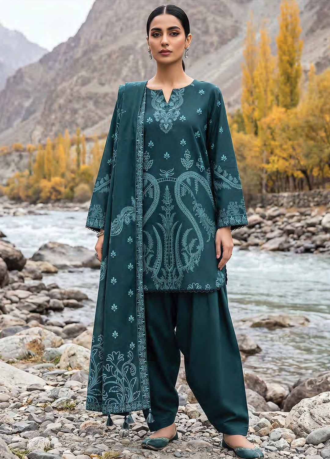 Lakhany Unstitched Printed Pashmina 3 Piece Suit LSM26UP LG-RK-0192-B - Casual Collection