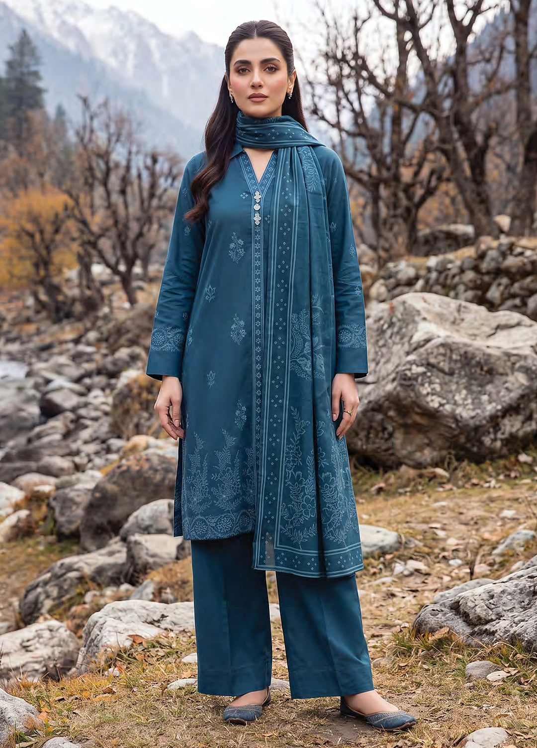Lakhany Unstitched Printed Pashmina 3 Piece Suit LSM26UP LG-RL-0518-A - Casual Collection