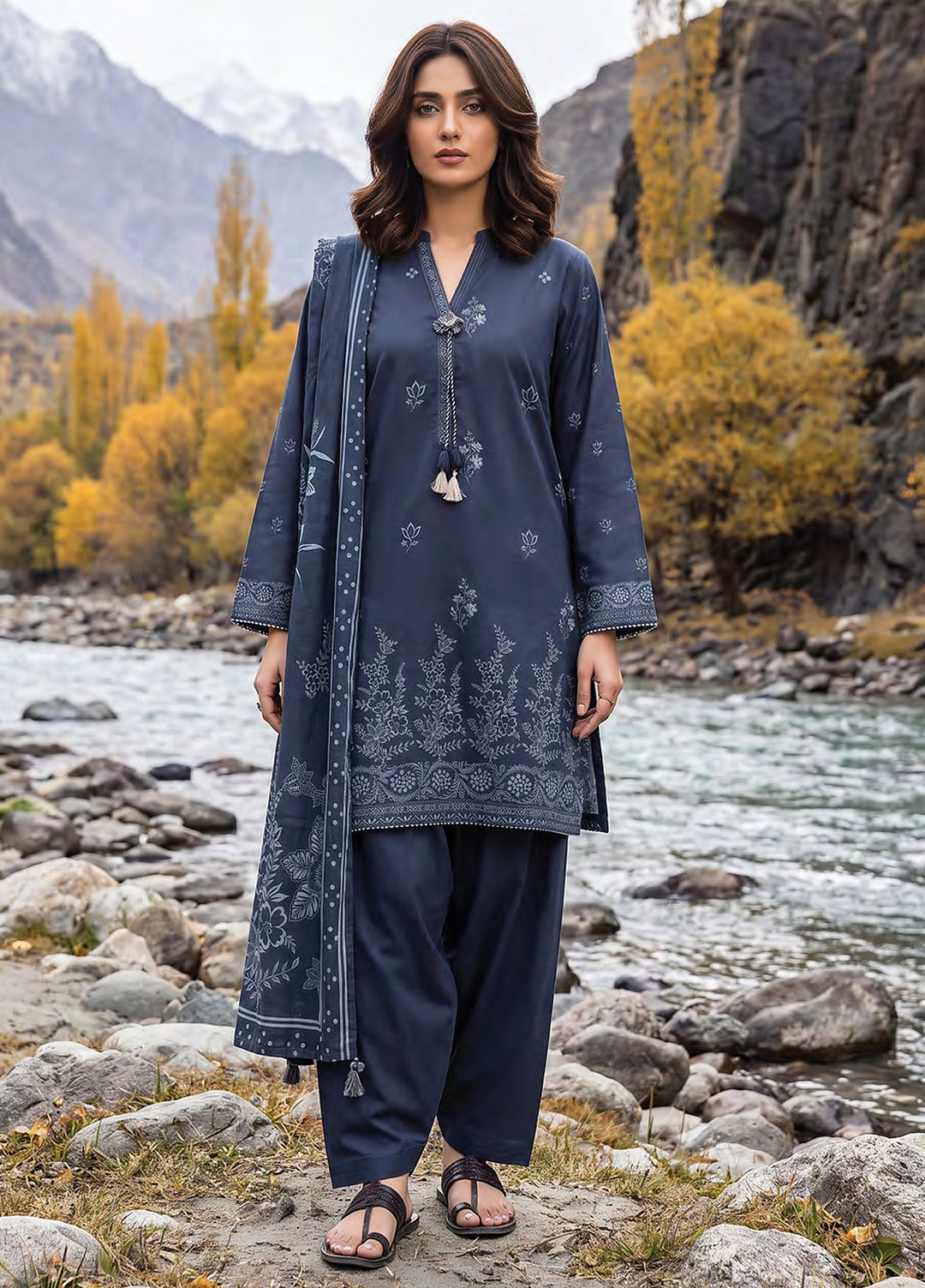 Lakhany Unstitched Printed Pashmina 3 Piece Suit LSM26UP LG-RL-0518-C - Casual Collection