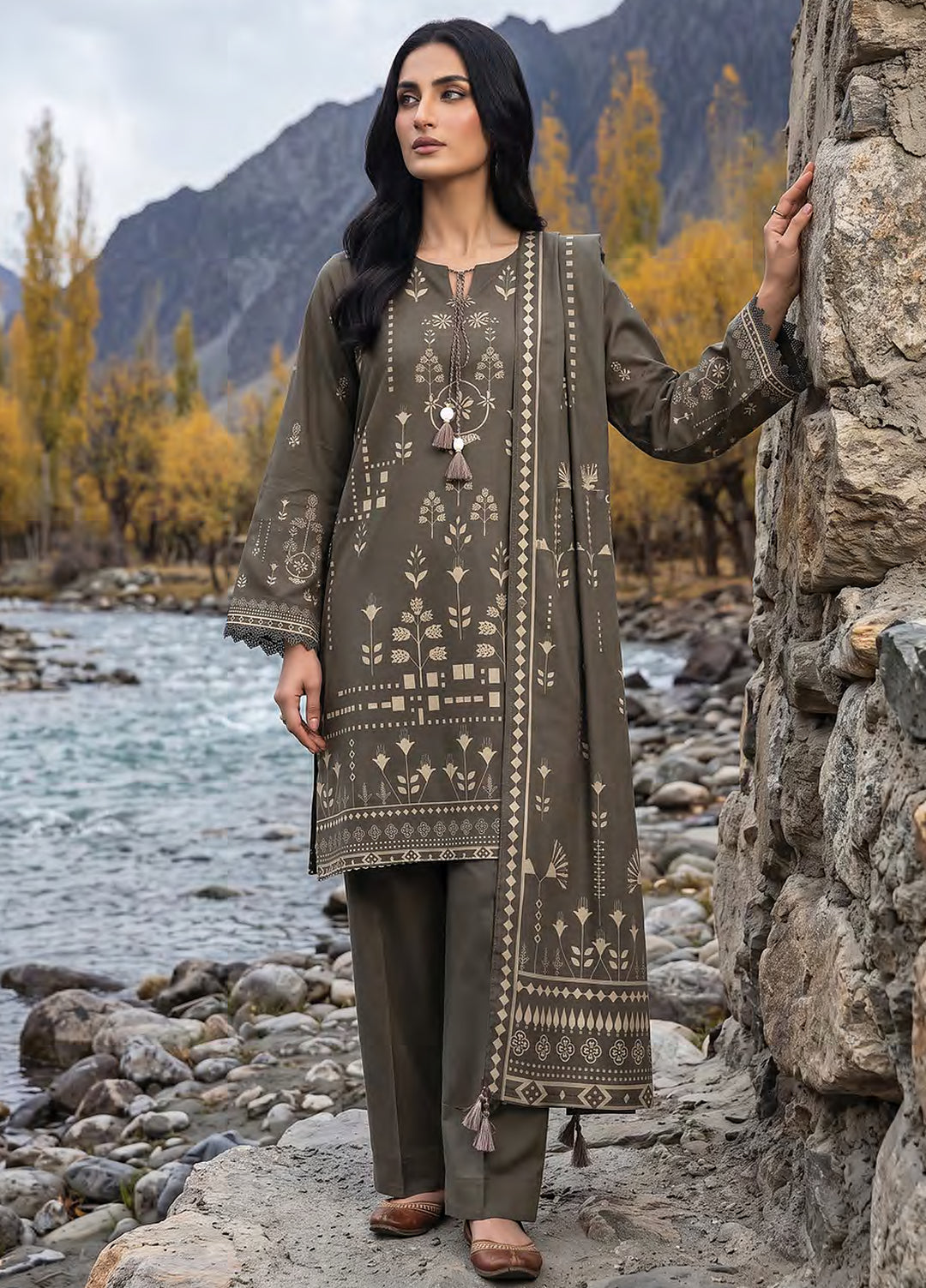Lakhany Unstitched Printed Pashmina 3 Piece Suit LSM26UP LG-RL-0519-B - Casual Collection