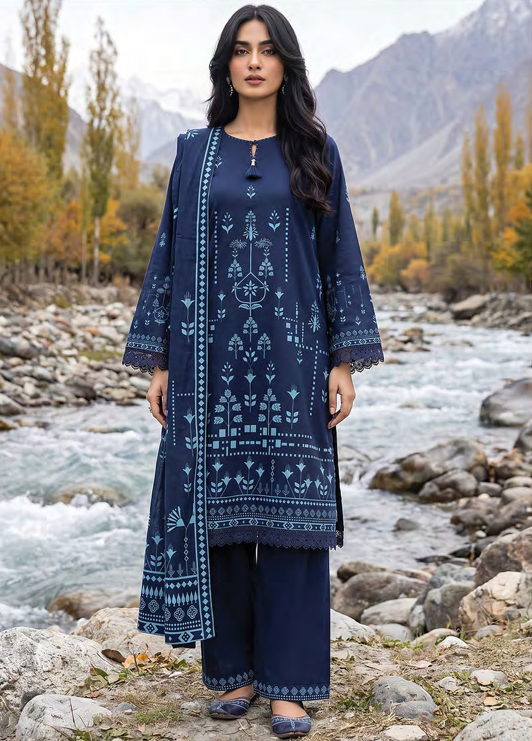 Lakhany Unstitched Printed Pashmina 3 Piece Suit LSM26UP LG-RL-0519-C - Casual Collection