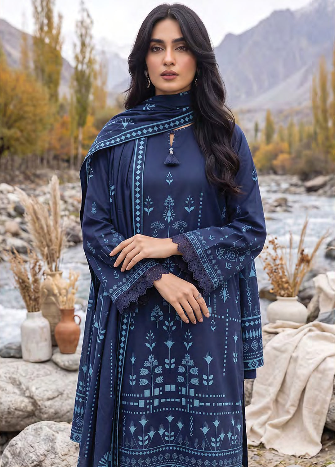 Lakhany Unstitched Printed Pashmina 3 Piece Suit LSM26UP LG-RL-0519-C - Casual Collection