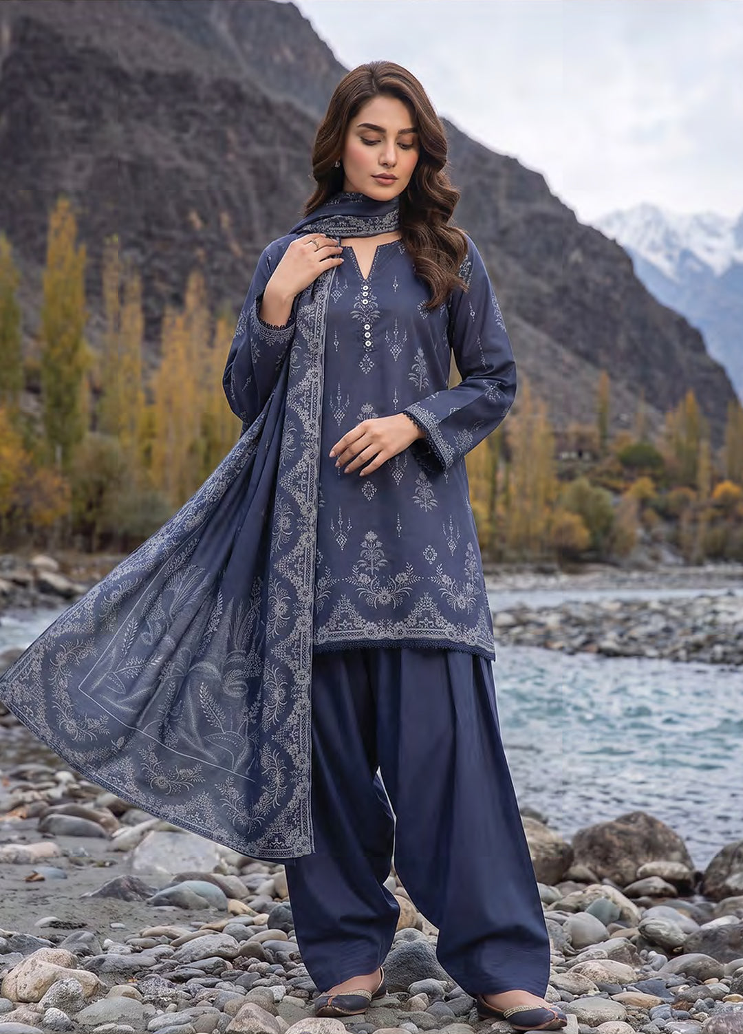 Lakhany Unstitched Printed Pashmina 3 Piece Suit LSM26UP LG-SG-0160-A - Casual Collection