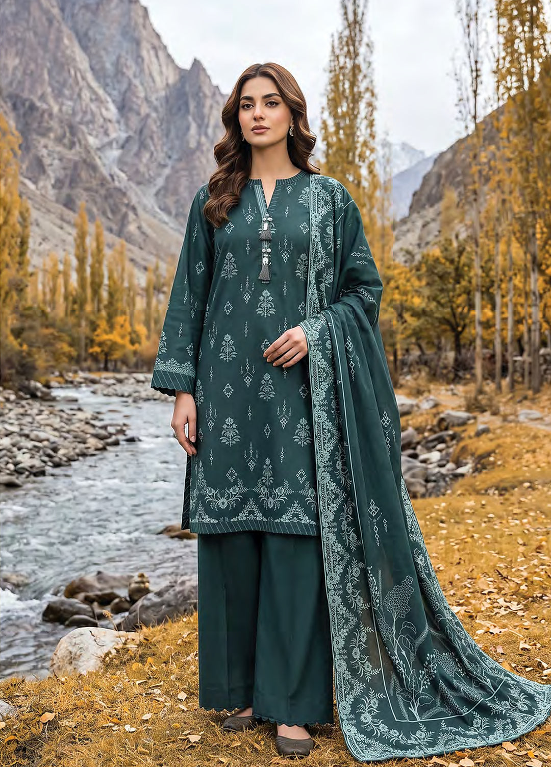 Lakhany Unstitched Printed Pashmina 3 Piece Suit LSM26UP LG-SG-0160-B - Casual Collection